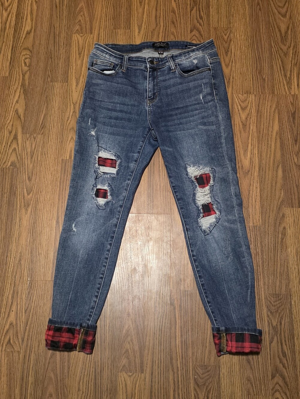 Judy Blue Buffalo Plaid Distressed Skinny Jeans Size 9/29 Mid Rise Flannel Patch
